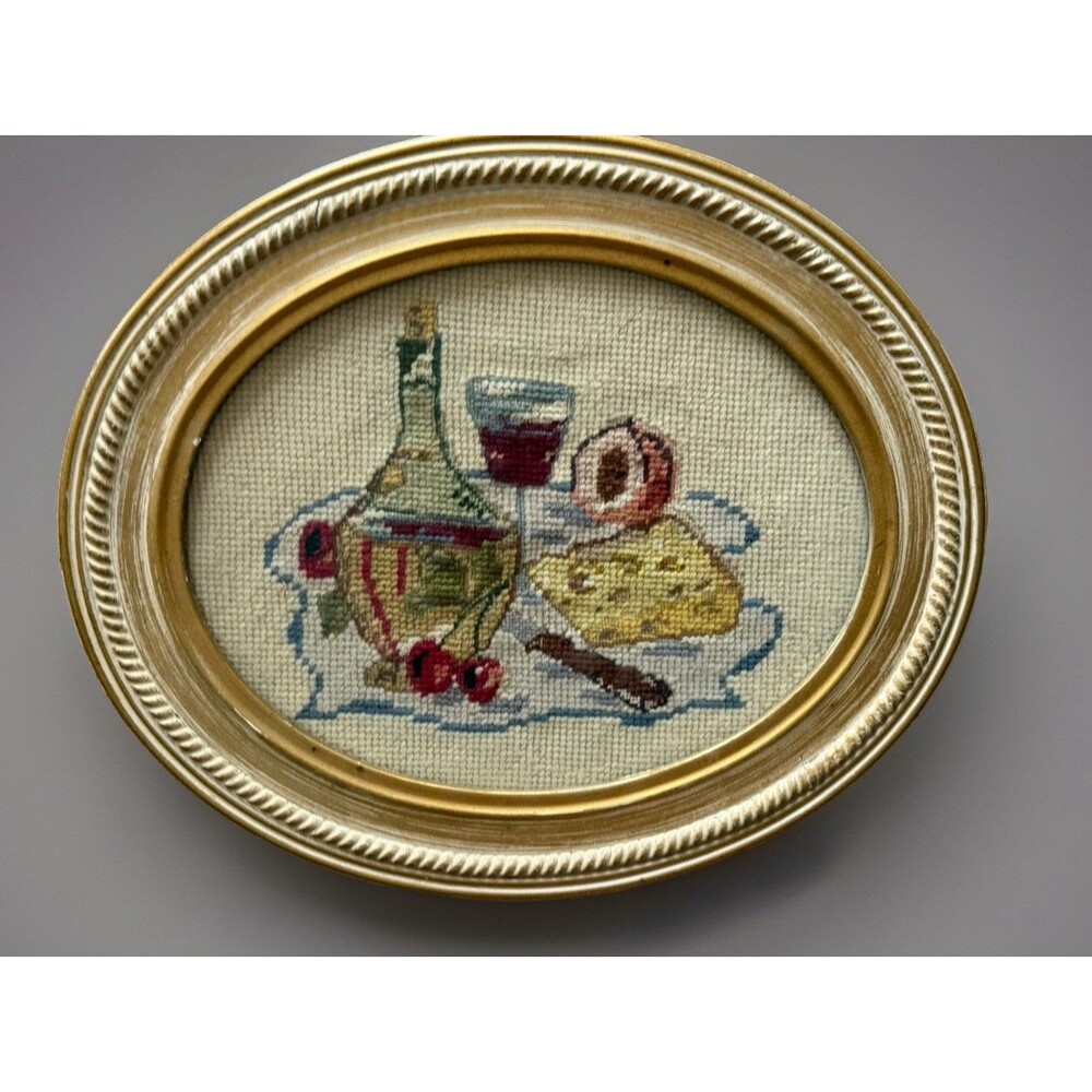 Antique Wine & Cheese Needlepoint Art in Oval Gold Gilt Frame Cottage Core